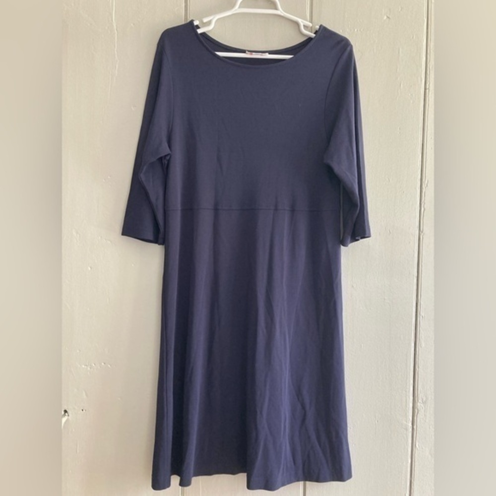 Vintage Talbots Dress Navy Blue Stretchy Elbow Sleeve Midi Length Career Sz L